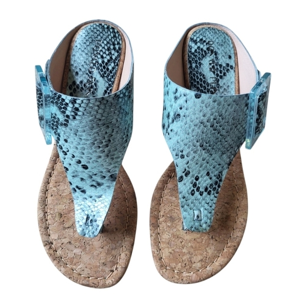 Donald J Pliner OLTINA Pearlized Teal Python Water Cork Wedge Sandal Size 7.5 - Picture 2 of 8